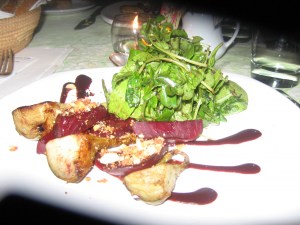 From Diego's kitchen: Grilled artichokes and beets, almonds, greens from the garden, guava dressing
