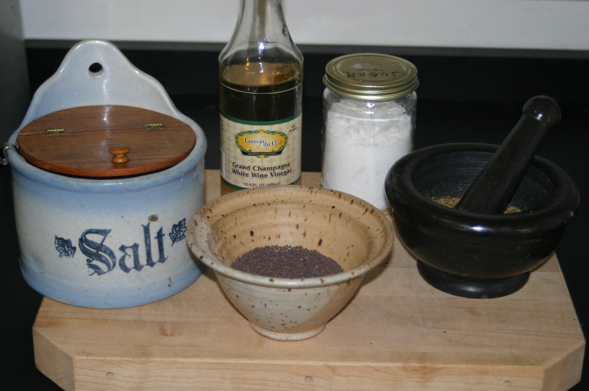 Mustard seed, salt, vinegar, sugar, water...that's it!