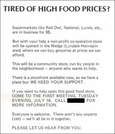 An original flyer promoting the creation of a new co-op, to become The Wedge Co-op.